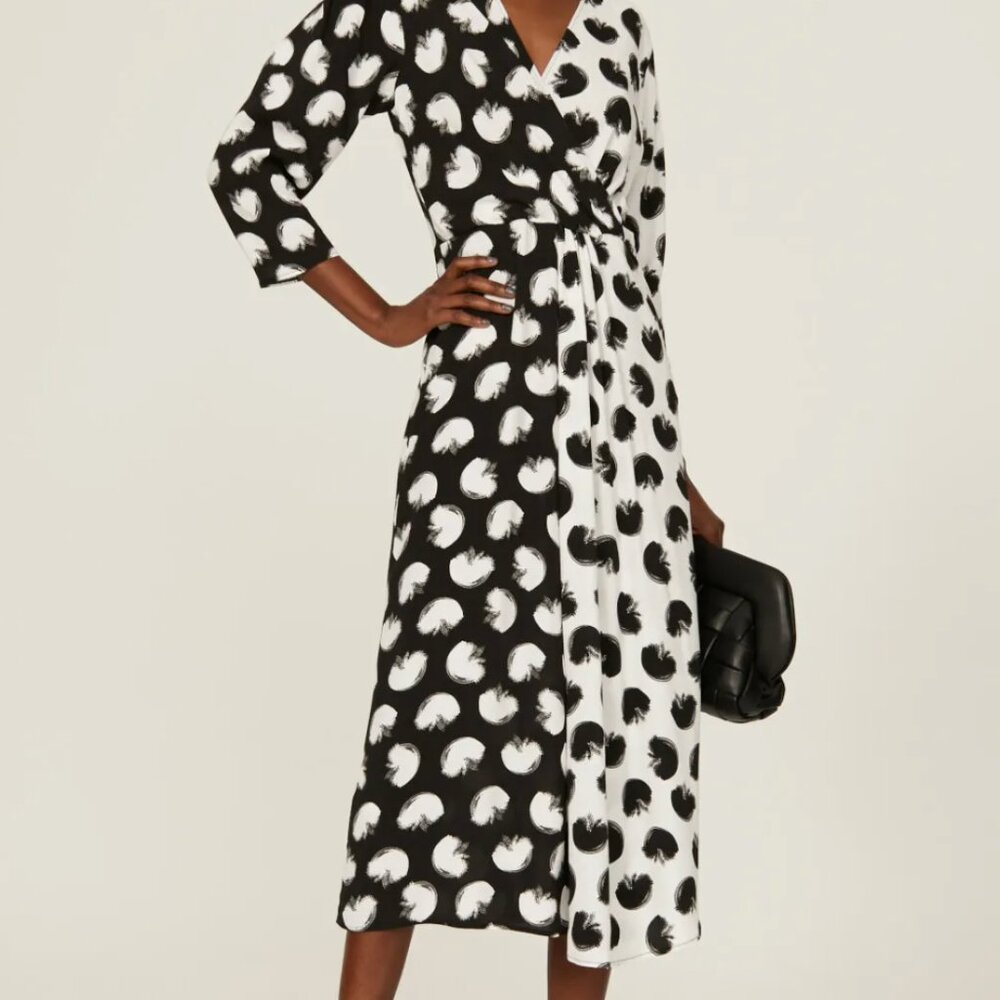 Hugo Boss black and white dotted wrap dress long sleeve